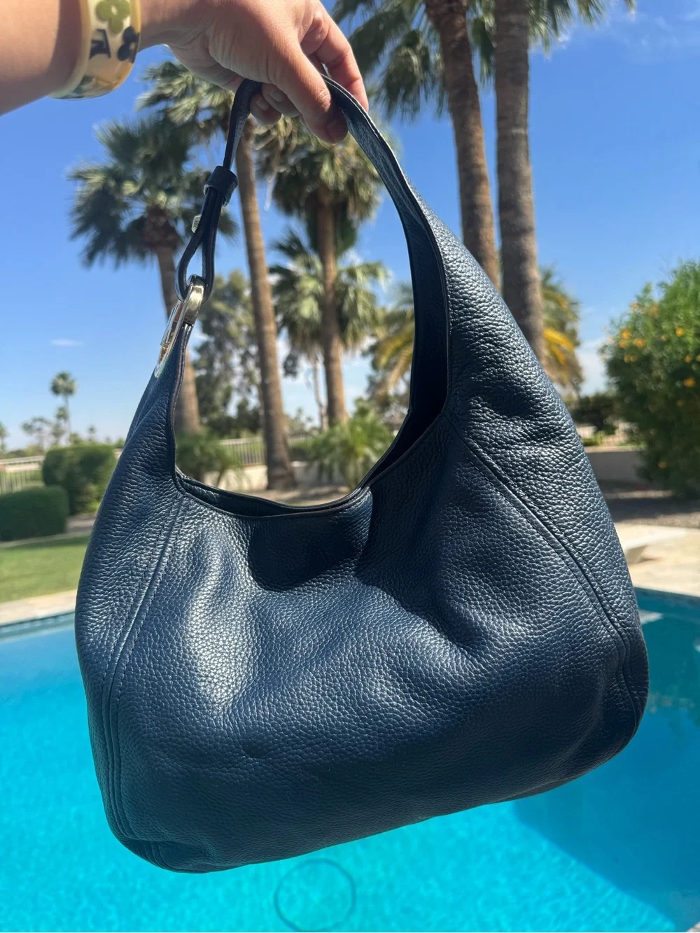 Michael Kors Dark Navy Pebbled Leather Hobo with Gold MK Charm - Picture 2 of 12